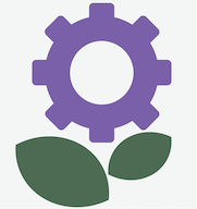 A flower formed by a purple gear icon above two green leaves